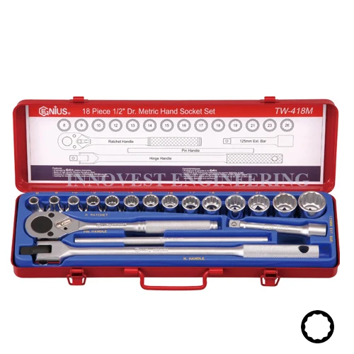Genius 18 Piece 1/2″ Drive Deep Hand Socket Set – Metric