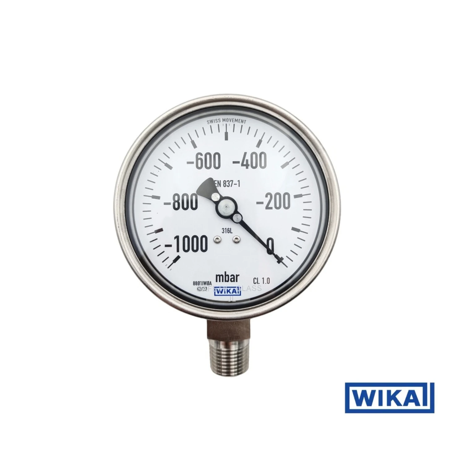 WIKA 232.50.100 Fully Stainless Steel Vacuum Gauge, 1/2" NPT, Bottom Connection