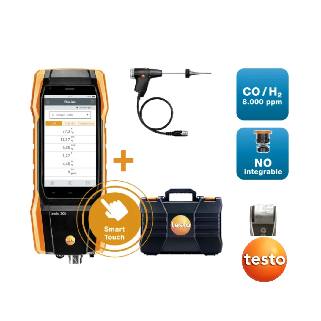 Testo 300 Longlife Kit 3 with Printer - Flue Gas Analyzer (O 2 , CO H 2 -Compensated up to 8,000 ppm, NO - Can Be Retrofitted)