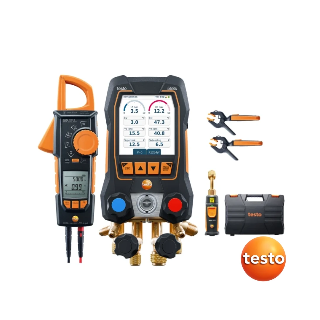 Testo 558s Smart Vacuum Kit with Clamp Meter - Smart Digital Manifold with Clamp Meter and Wireless Temperature and Vacuum Probes